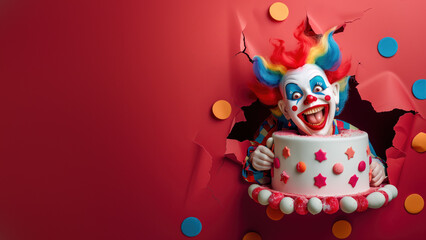 Euphoric clown with a crazy hairdo and a birthday cake bursting through a red paper