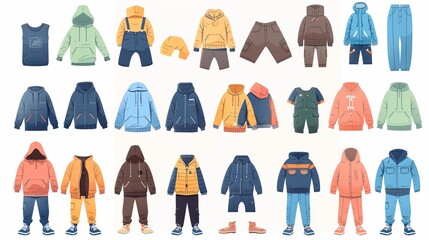 A set of boys' casual clothing for summer, autumn, and winter, including shirts, sweaters, shorts, overalls, hoodies, jackets, coats, and boots, presented in flat vector illustrations