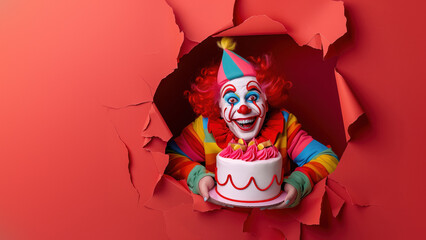 Clown with a jolly expression holding a big cake through a ripped red paper background