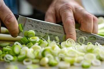 man slicing scallions with a knife - Powered by Adobe