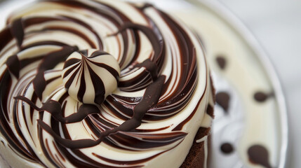 A swirl of dark and white chocolate, artistically marbled atop a cake.