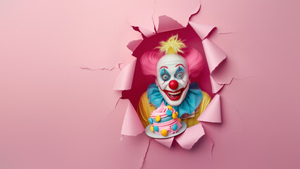 Eerie clown with a creepy smile holding a colorful cake through a ripped paper backdrop