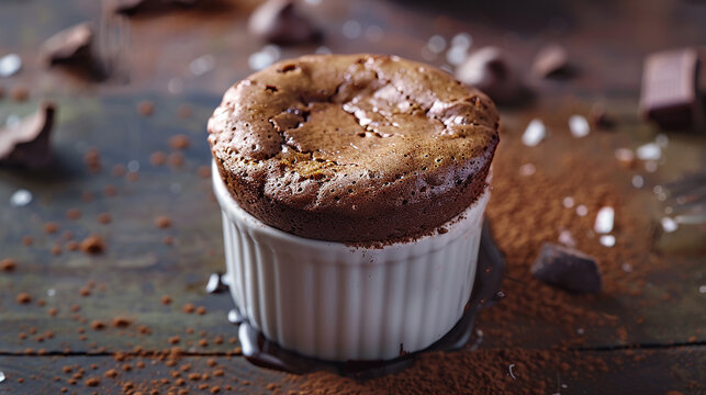 A tempting chocolate souffl?(C) rising elegantly in a ramekin, destined for indulgence.