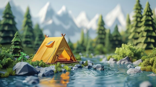 川沿いのテント,Generative AI AI画像