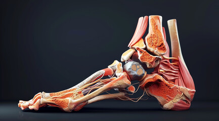 Highly detailed anatomical model of a human foot showcasing muscles and tendons on a neutral background,ai generated