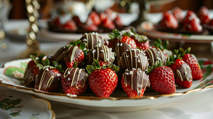 A vibrant array of chocolate-covered strawberries arranged on a porcelain plate. - obrazy, fototapety, plakaty