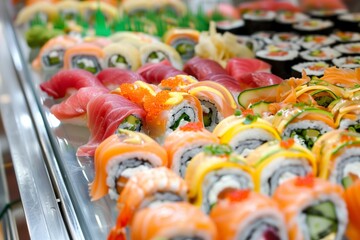 Fototapeta na wymiar display of colorful sushi rolls with ingredients