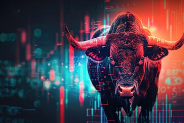 bull on a vibrant background with cryptocurrency trading charts and data bullish trend Financial investing stock market - obrazy, fototapety, plakaty