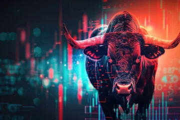 Fotobehang bull on a vibrant background with cryptocurrency trading charts and data bullish trend Financial investing stock market © PinkiePie