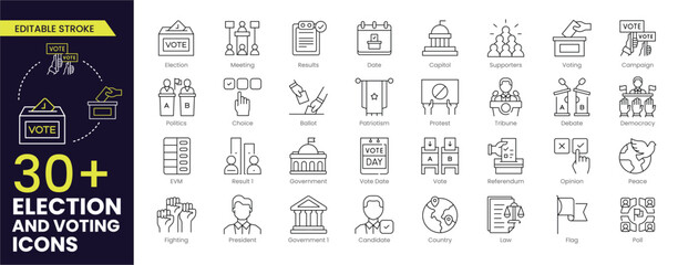 Election and voting Editable Stroke icon set. Containing democracy, vote, government, voting, campaign, political, ballot, candidate and president icons. Editable Outline icons vector collection