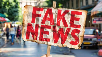 A person standing outdoors, confidently holding up a sign that reads fake news. The individual is drawing attention to the prevalence of misinformation in society