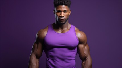 Fototapeta na wymiar African American male fitness trainer in a purple T-shirt. Muscles are expressed. Purple background.