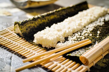 rice spreading on a nori sheet with a bamboo mat
