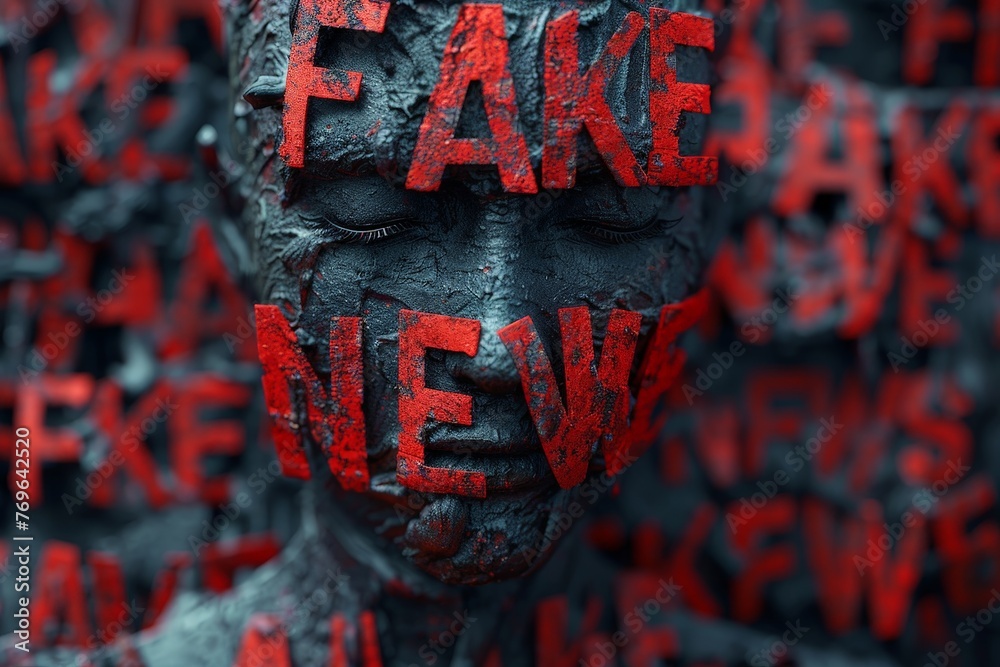Poster A mans face is completely covered in intricate black and red letters, creating a captivating and thought-provoking artistic display