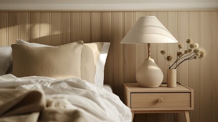 Close-up of the bedside table, which is made of white oak and has one drawer to hold a non-lit lamp and has a beige linen shade.ai generated.
