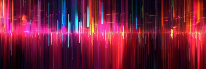 Digital glitch pattern, with distorted lines and a vibrant palette of neon colors against a dark background, capturing the aesthetic of digital art and cyberpunk created with Generative AI Technology