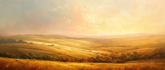 Rolling hills, oil painting texture, sheep dotted, warm afternoon glow, wide view. - obrazy, fototapety, plakaty
