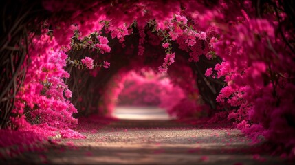 A breathtaking tunnel of vibrant pink flowers stretching across a road, creating a magical and enchanting pathway