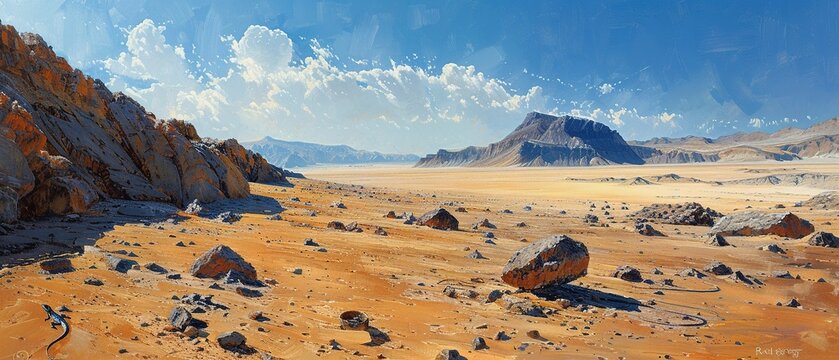 Rocky desert, oil painting look, lizards basking, harsh noon light, ground level view.