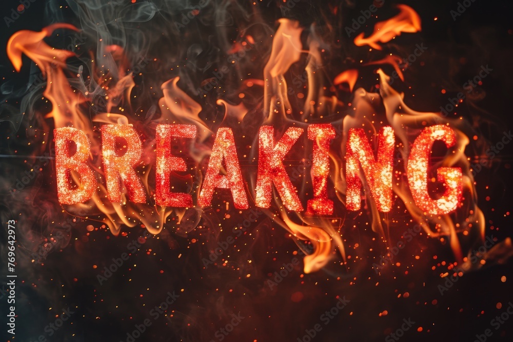 Poster the word breaking is formed with fire and smoke, creating a dramatic and intense visual display