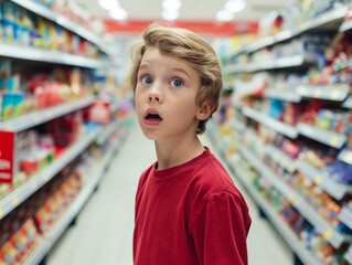 Young boy with wide eyes in store, looking amazed at products.
