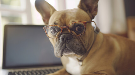 National Take Your Dog to Work Day. French bulldog wearing glasses near laptop in a light office room, close up portrait.