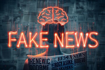 A vibrant neon sign reading fake news glows brightly against a dark background, symbolizing the prevalence of misinformation in media - obrazy, fototapety, plakaty