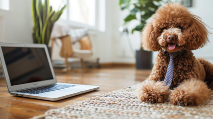 National Take Your Dog to Work Day. Toy poodle wearing a tie is near the laptop in a light office room, close up portrait.
