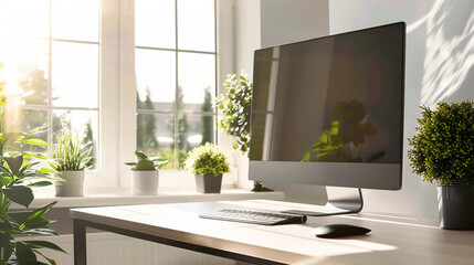 A sleek desktop computer gleams on a minimalist desk near a bright window.