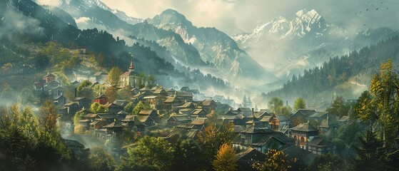 Mountain village, oil painting effect, locals gathering, morning mist, medium shot. - obrazy, fototapety, plakaty
