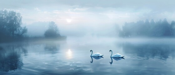 Misty lake, oil paint effect, swimming swans, tranquil dawn, aerial perspective. - obrazy, fototapety, plakaty