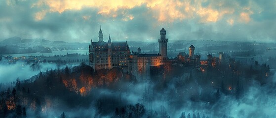 Medieval castle, oil painting texture, misty dawn, high angle, dramatic lighting.
