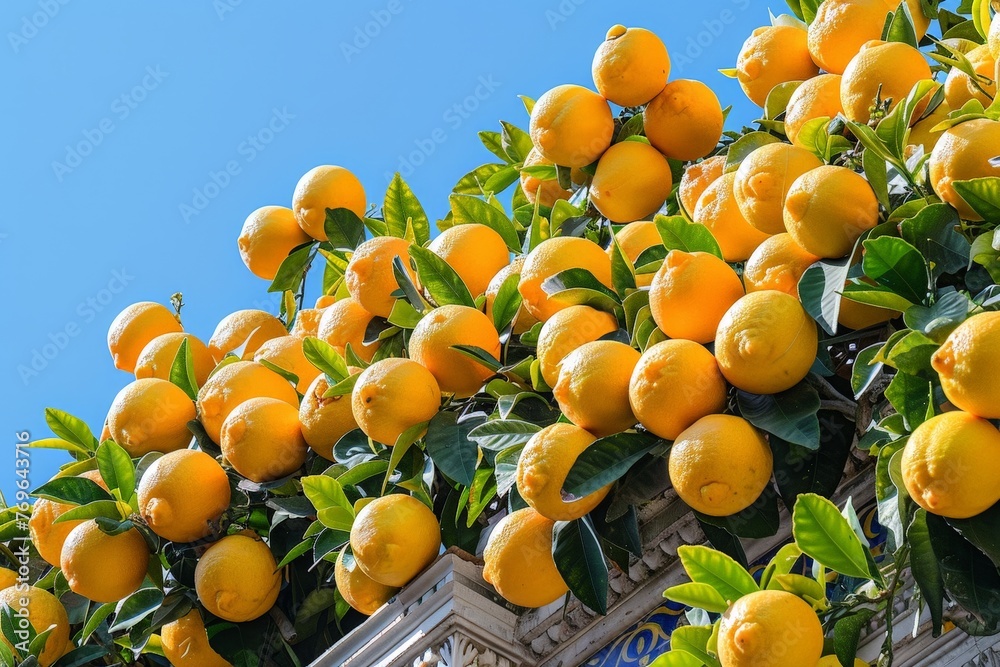 Poster A vibrant tree adorned with a plethora of ripe lemons of varying sizes and shades of yellow, basking in the sunlight of a clear day