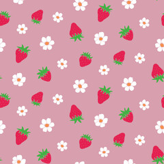 Cute seamless pattern with flowers and strawberries, berry background.