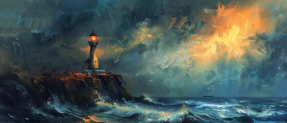 Lighthouse on cliff, oil painted, stormy sea backdrop, dim light, high perspective.