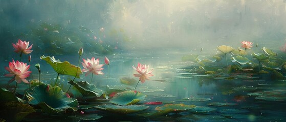 Lotus pond, oil painting style, serene morning, soft light, telephoto focus.
