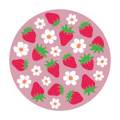 Round design with strawberries and flowers.