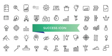 Success icon collection. Successful business development, plan and process symbol. Line icons vector set.