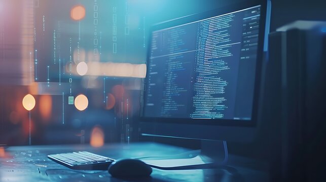 Blue and Green Coding on Computer Screen with Keyboard and Mouse in Digital Workspace