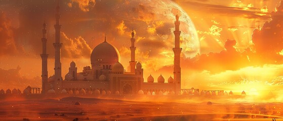 Grand mosque, oil painted, intricate minarets, golden hour, medium focal length.