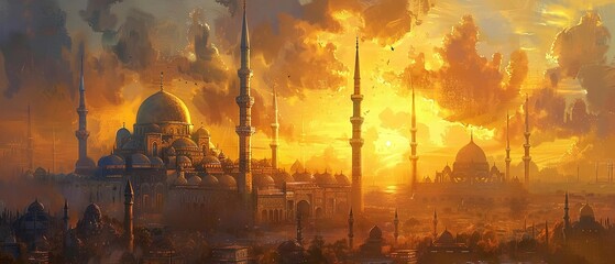 Grand mosque, oil painted, intricate minarets, golden hour, medium focal length. - obrazy, fototapety, plakaty