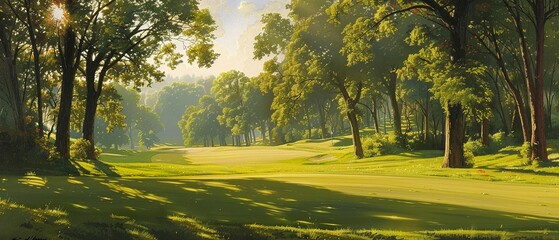 Golf course, oil painting style, serene green, warm afternoon, high angle.