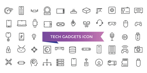 Tech gadgets icon collection. smartphone, laptop, tablet, smartwatch, drone, headphones, digital camera, gaming console and more. Line vector icons