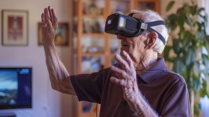 Fototapeta premium Elderly male engages with virtual reality technology, expressing wonder and curiosity in a cozy home setting.