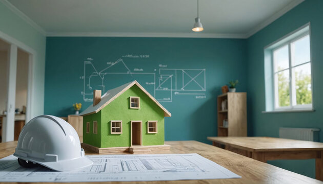 Modèle maquette de maison sur un plan de construction d'architecte - IA générative	