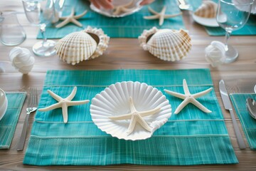 Fototapeta na wymiar person setting a table with turquoise placemats, white starfish decorations, and shellshaped dishes