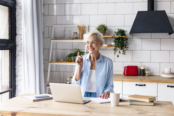 beautiful elderly senior woman in cosy kitchen works on laptop and speaking by phone, beautiful gray haired woman works online, pays bills, studies and communicates, concept of active old age - obrazy, fototapety, plakaty