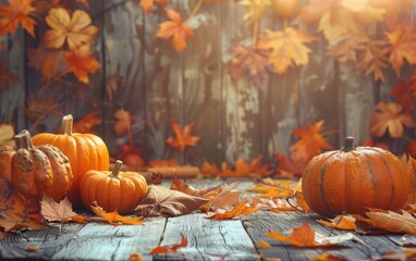 Autumn's Ambiance, Pumpkins and Fallen Leaves Against a Wooden Backdrop, Pumpkins and Autumn Leaves Setting the Scene, Copy Space, Generative Ai