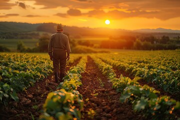  A diligent farmer tilling the rich earth of his bountiful fields at sunrise.  - obrazy, fototapety, plakaty