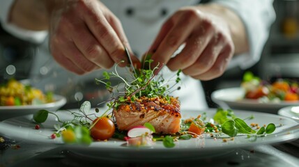 Amidst the hustle of the kitchen, a chef meticulously plates a gourmet dish, epitomizing culinary excellence and the meticulous attention to detail in restaurant dining.